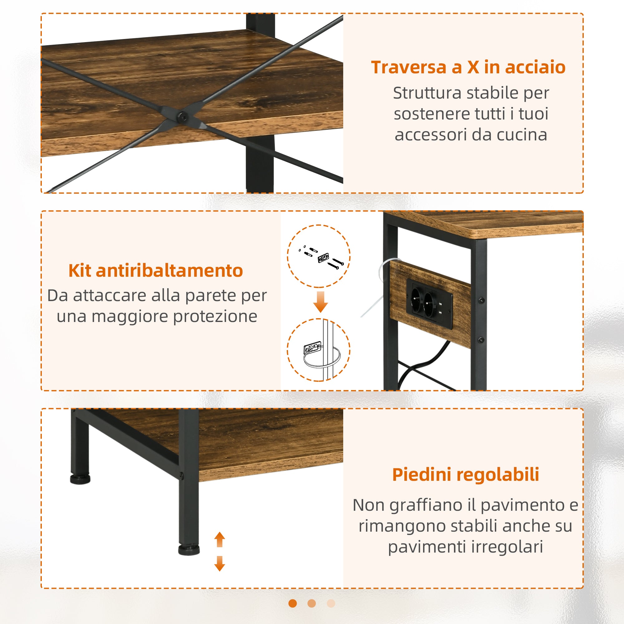 Easycomfort Mobile da Cucina a 3 ripiani in Truciolato con Presa di corrente, Porta USB e Cestino, 90x40x83cm