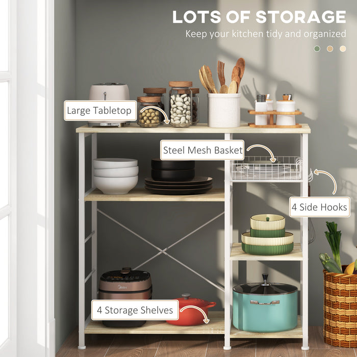 EasyComfort Mobile Cucina Moderno a 4 Ripiani con Cestino e Ganci in Legno e Acciaio, 90x40x84.5cm, Quercia e Bianco