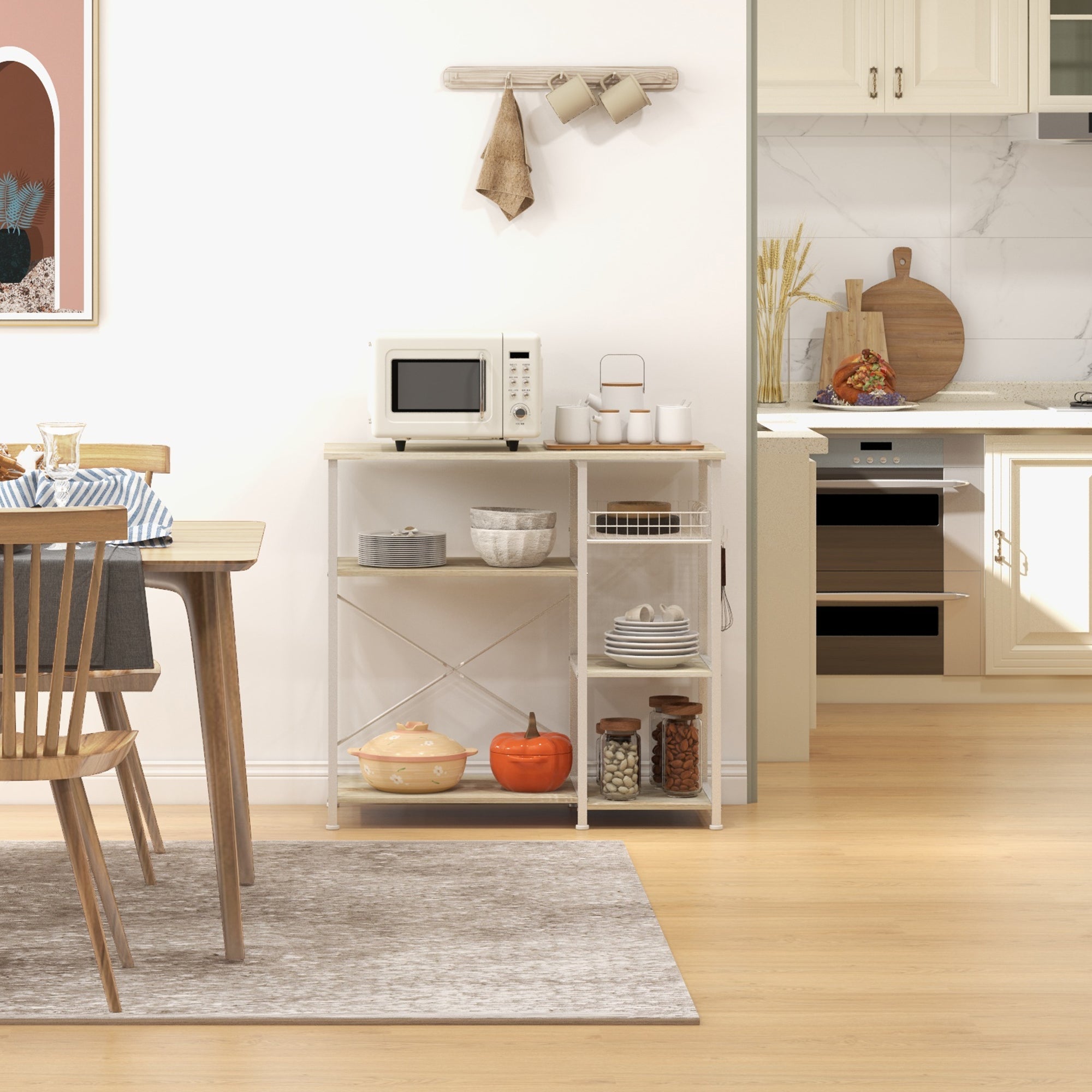 EasyComfort Mobile Cucina Moderno a 4 Ripiani con Cestino e Ganci in Legno e Acciaio, 90x40x84.5cm, Quercia e Bianco