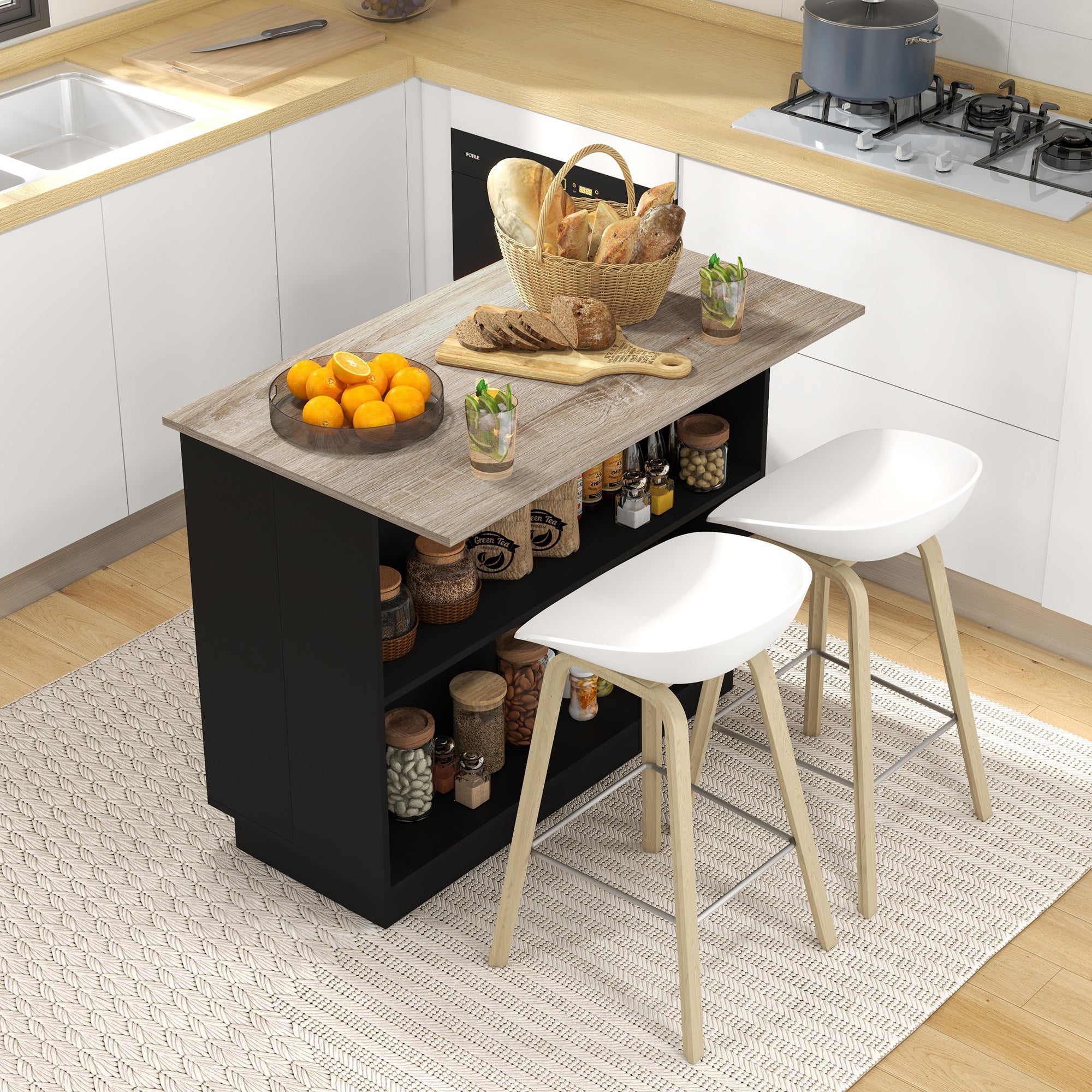EasyComfort Isola per Cucina con 2 Ripiani Aperti e 2 Armadietti, in MDF, 105x60x82 cm, color Rovere e Nero