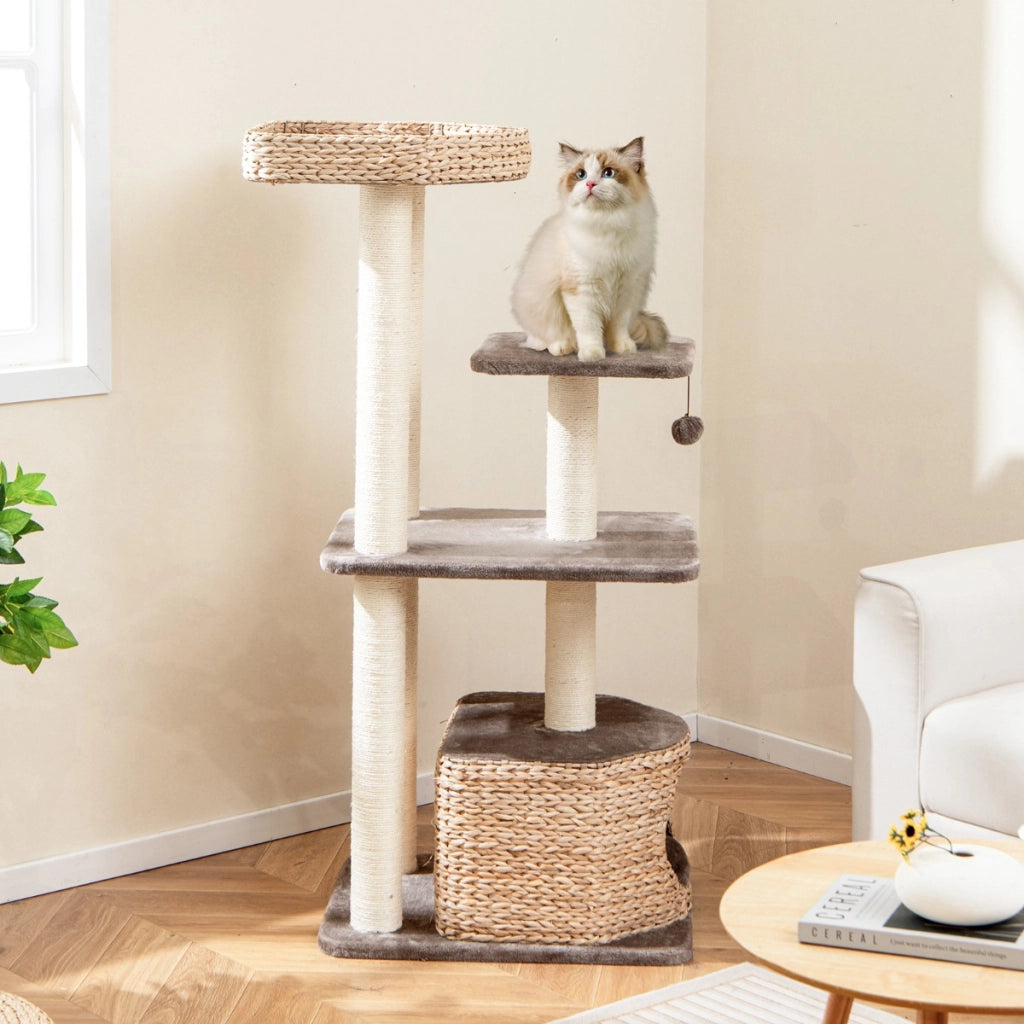 Albero per gatti con posti per graffiare in sisal trespolo condo pallina pendente, Torre cattail da 131cm per arrampicata Caff¨¨-Alberi Tiragraffi