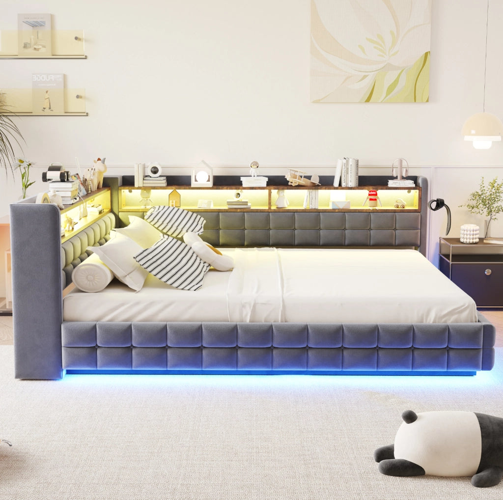 Divano letto imbottito con contenitore 140x200 cm; velluto grigio; LED; prese USB e Tipo C