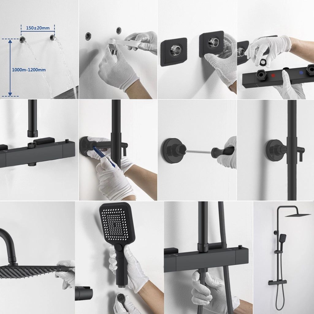 AICAIT Colonna doccia quadrata con soffione quadrato 30x30cm in acciaio inox nero, sistema doccia a 38℃ antiscottature