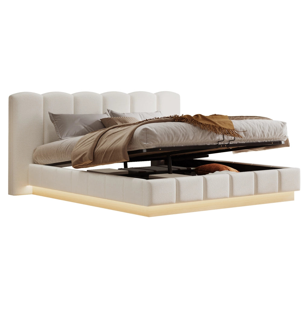 Letto imbottito 180x200 cm con contenitore idraulico e LED in bouclé bianco