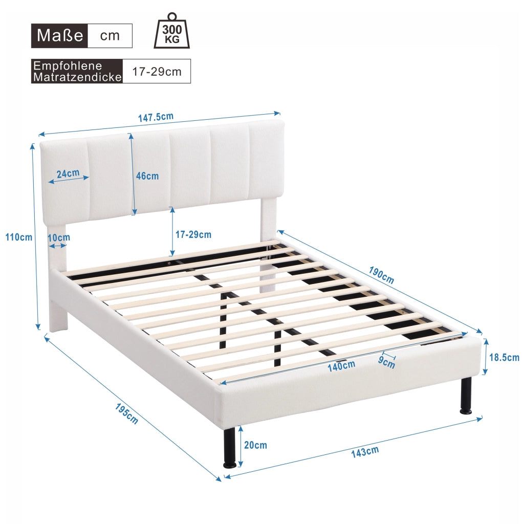 Letto 140x190 cm con rete a doghe; tessuto sherpa beige