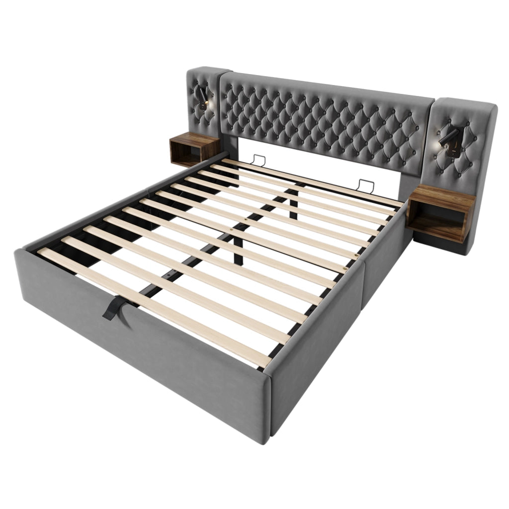 OKWISH Camera Completa con Letto Contenitore Idraulico 180 x 200 cm e 2 Comodini con Luci da Lettura e Porte USB, Velluto Grigio
