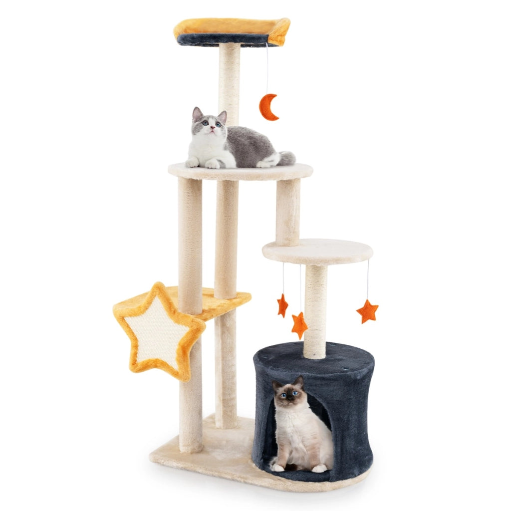 Albero per gatti carino da 128cm da interno con tiragraffi in sisal gattiera, Torre multi-livello per gatti-Alberi Tiragraffi