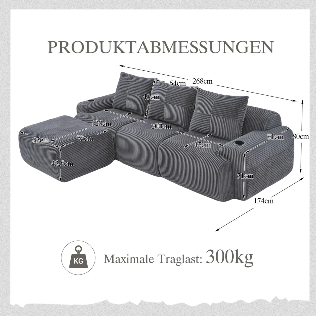 Divano modulare 268x174x80 cm con portabicchiere e tasca laterale in corduroy grigio scuro