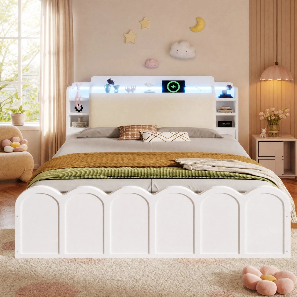 Letto a una piazza e mezza 140x200 cm con contenitore idraulico; LED e porte USB; bianco