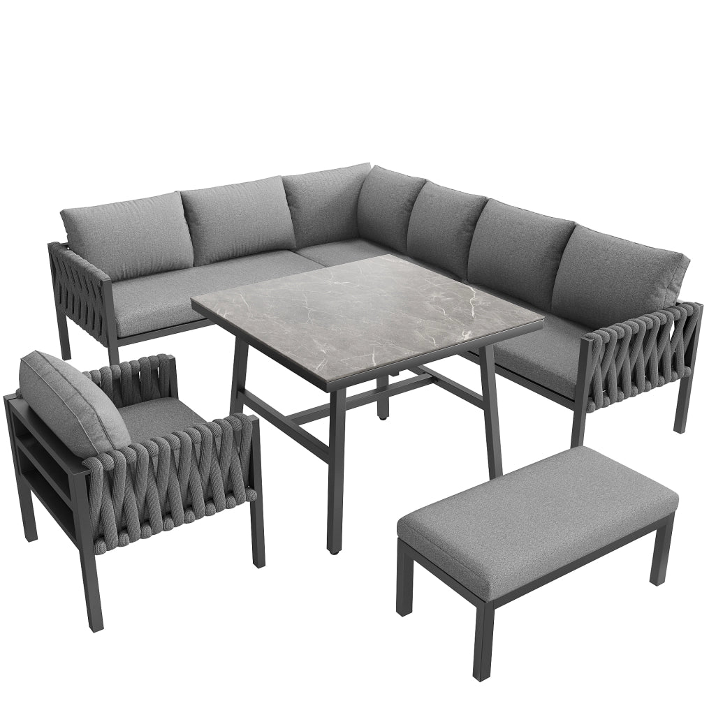 Set da giardino in metallo e poliestere con divano angolare; tavolo in vetro temperato; grigio