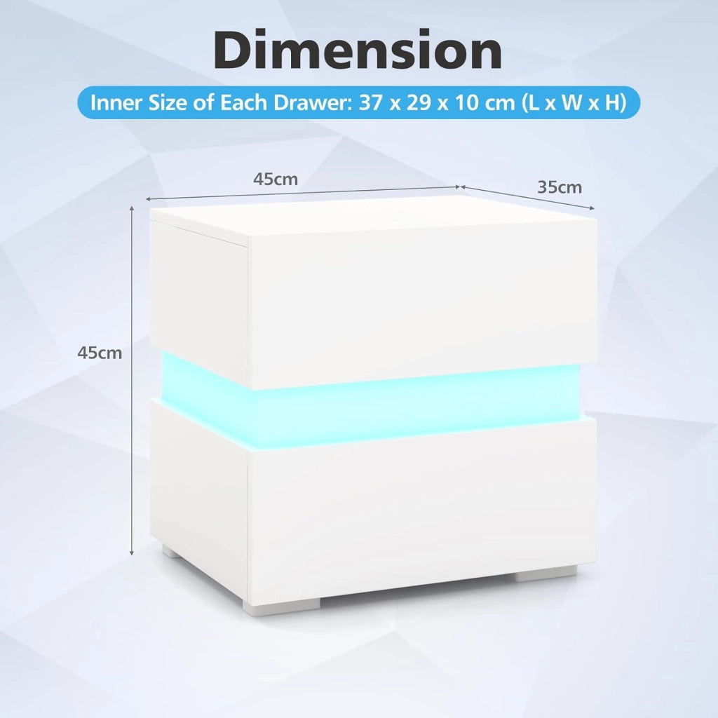 Comodino con Illuminazione a LED, 45 x 35 x 45 cm, Comodino con 2 Cassetti, LED con 22 Modalità Dinamiche, 5 Livelli di Luminosità e Telecomando (2, Bianco)