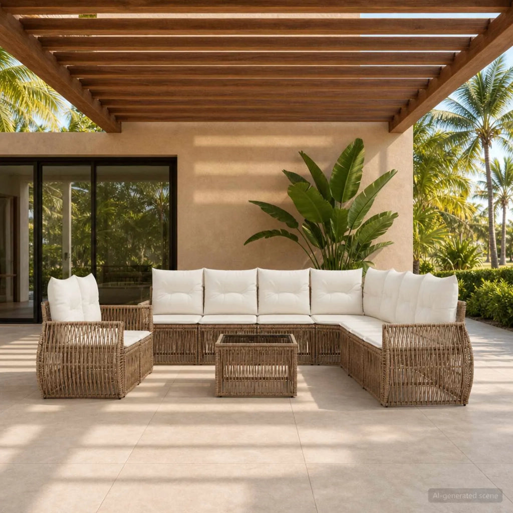 Set Divano da Giardino 10 pz Beige e Bianco Crema polyrattan 3435462