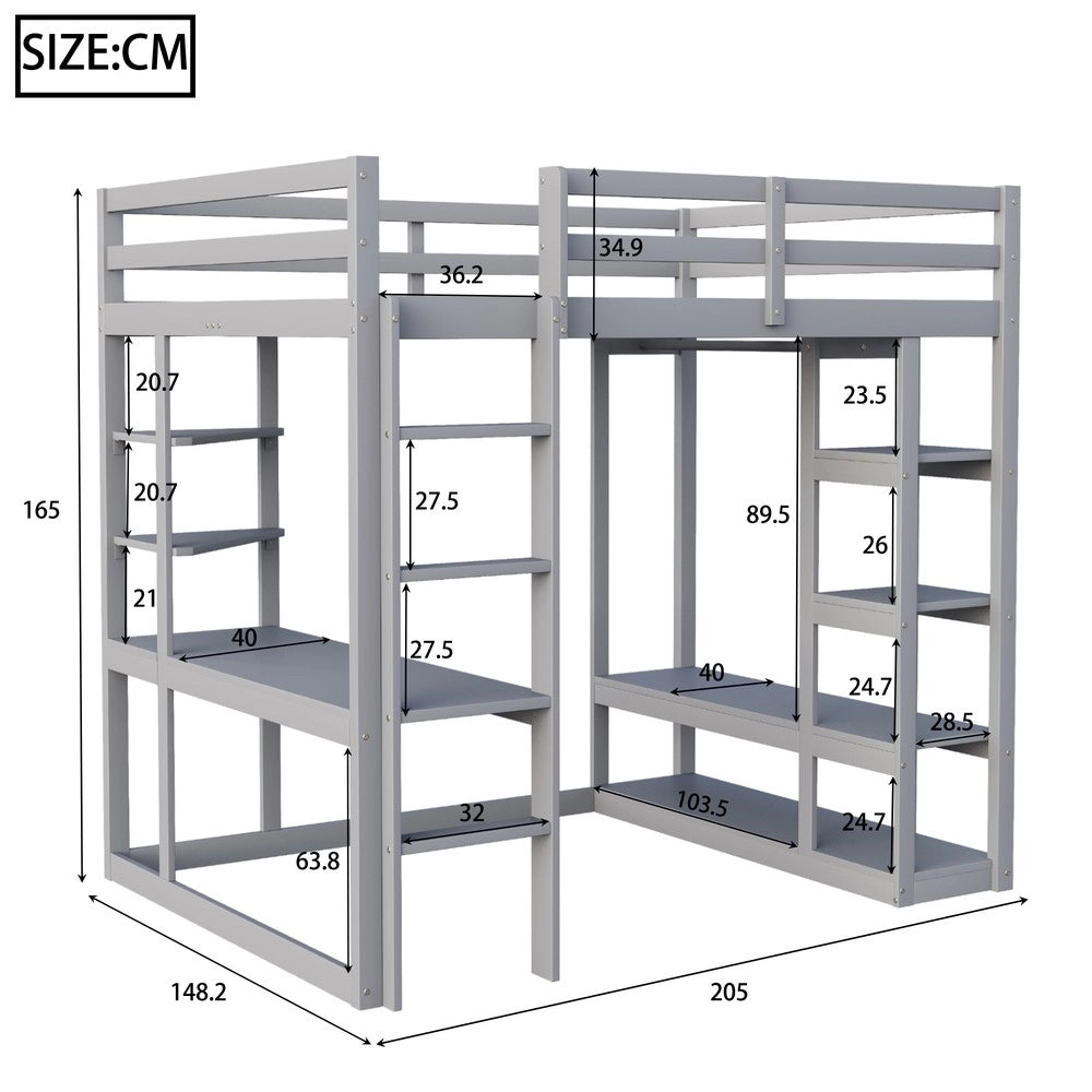 Letto a Soppalco con Scrivania e Ripiani ¨C MINIMAL ¨C Legno Massello Grigio 140x200