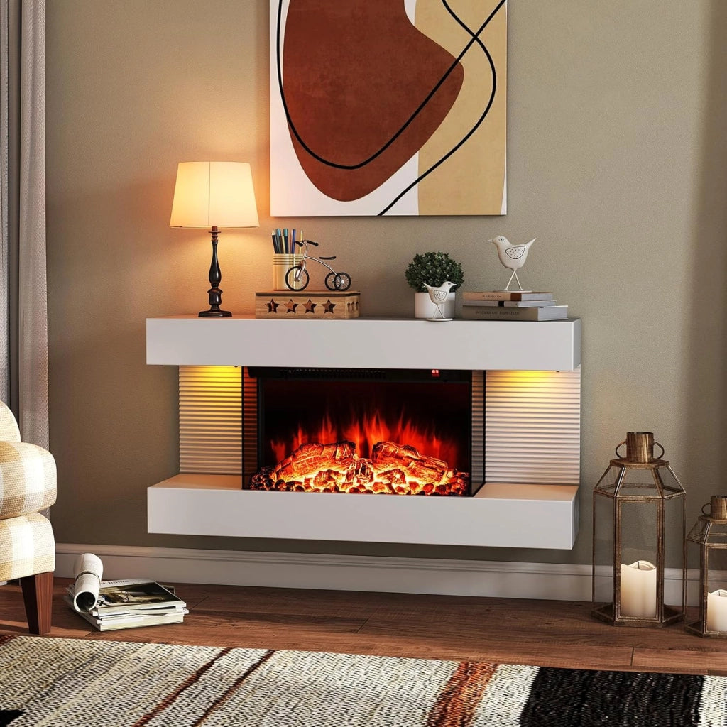 Camino Elettrico, 750W/1500W Caminetto con Luci LED, Telecomando, 12 Colori di Fiamma, Timer 8H Mensola Galleggiante e Protezione Surriscaldamento