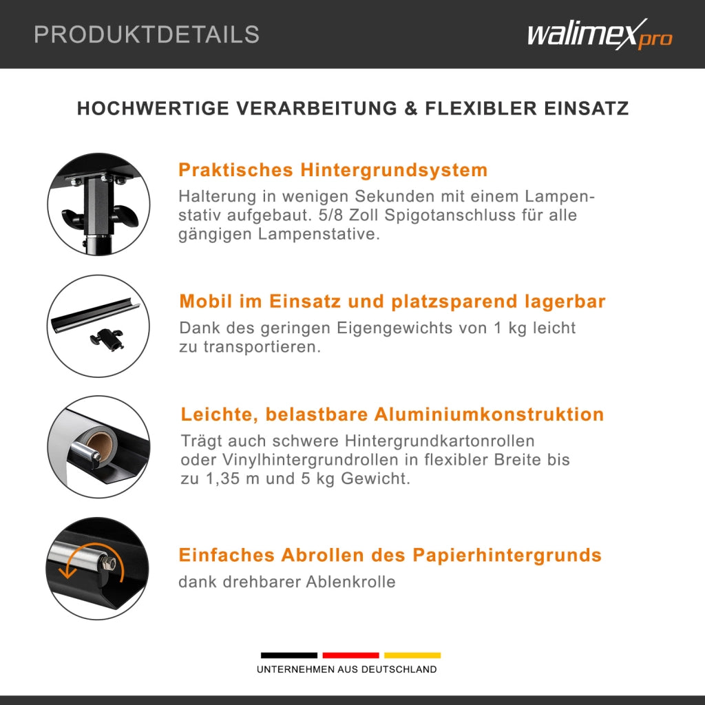 supporto per sfondo per treppiedi per lampade - utilizzo flessibile con sfondi di cartone fino a 1,35m, capacità di carico fino a 5kg, struttura in alluminio, meccanismo di sgancio