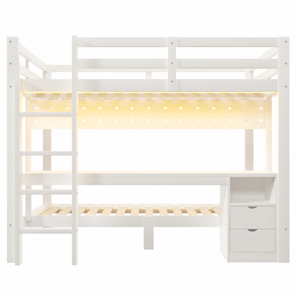 Letto a Soppalco 140x200 cm e 90x200 cm; con Cassetti; Scrivania; Pannello Forato e LED - in Legno e MDF - Bianco