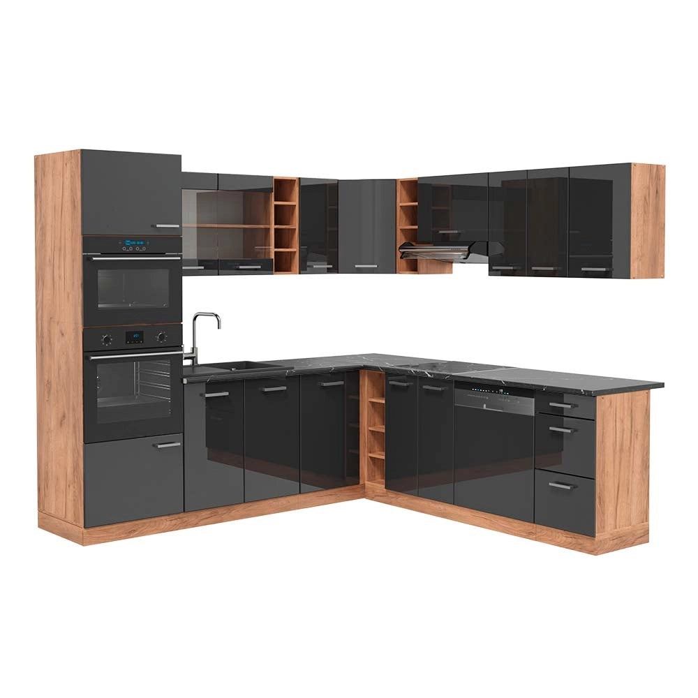 Cucina angolare completa R-Line Antracite lucido/Rovere dorato 247 x 237 cm, PL Antracite Vicco