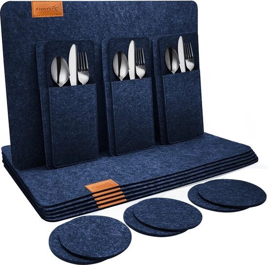Set di tappeti da tavola in vilten da 18, tappeti da tavola lavabili (44 x 32 cm), 6 piedini in vilten, 6 set di posate, set di piedini per tavola - tappeti da tavola piatti, blu scuro