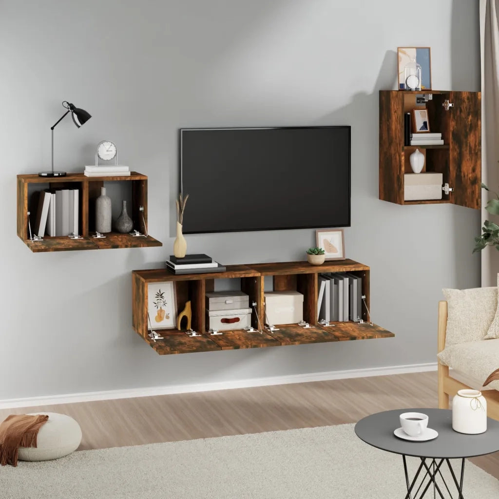 Set di Mobili Porta TV 4 pz | Armadietto TV | Mobile Porta TV Rovere Fumo in Legno Multistrato
