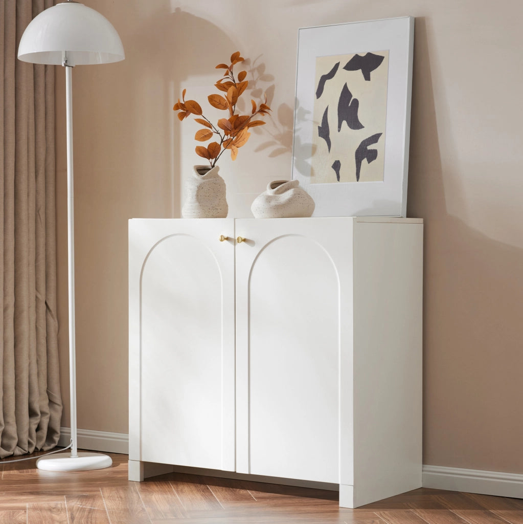 Sideboard 80x40x80 cm con motivo ad arco e superficie facile da pulire in pannello truciolare bianco
