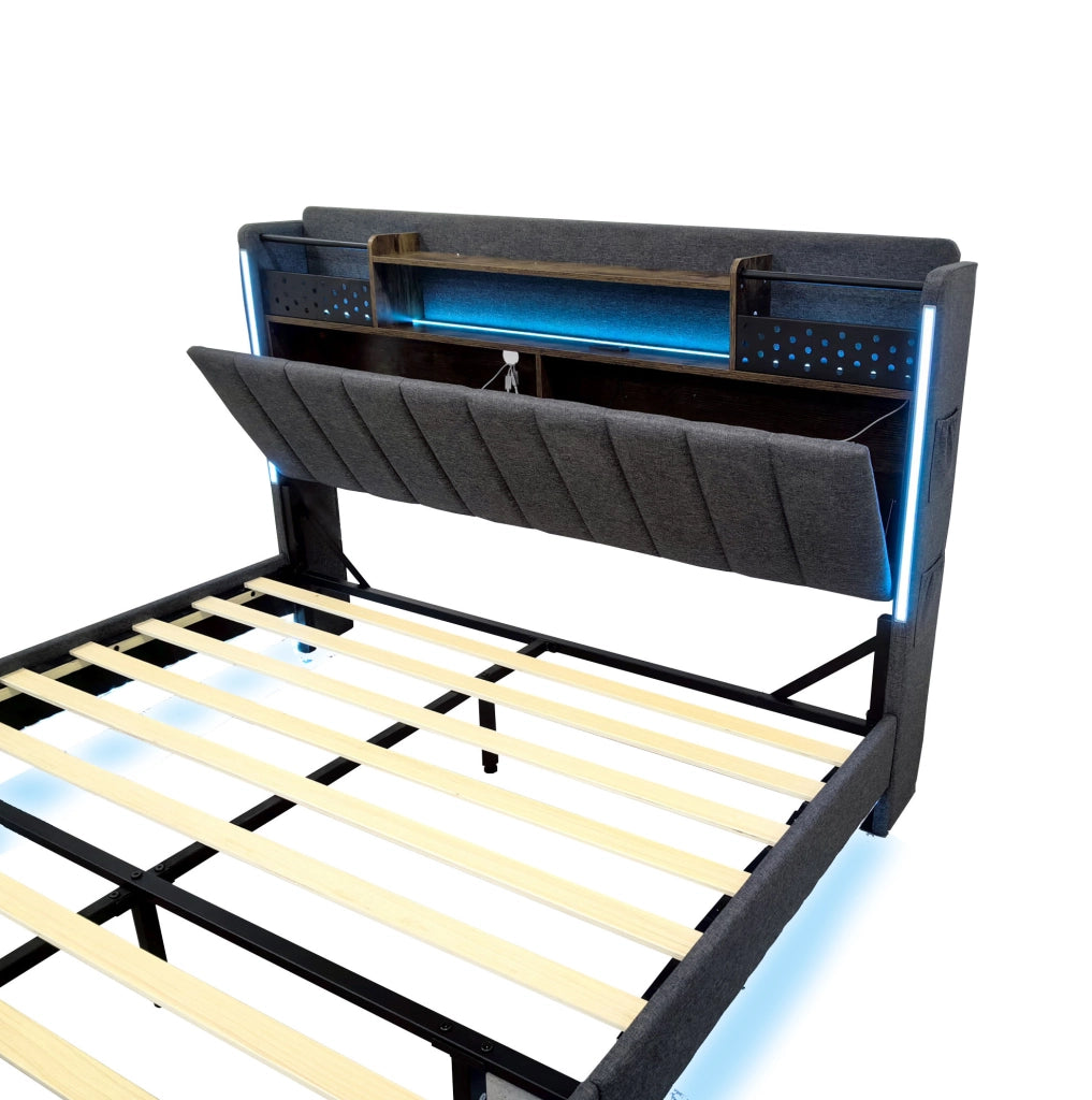 Letto imbottito 160x200 cm; testiera con USB e LED; contenitore; tessuto grigio (Senza materasso)