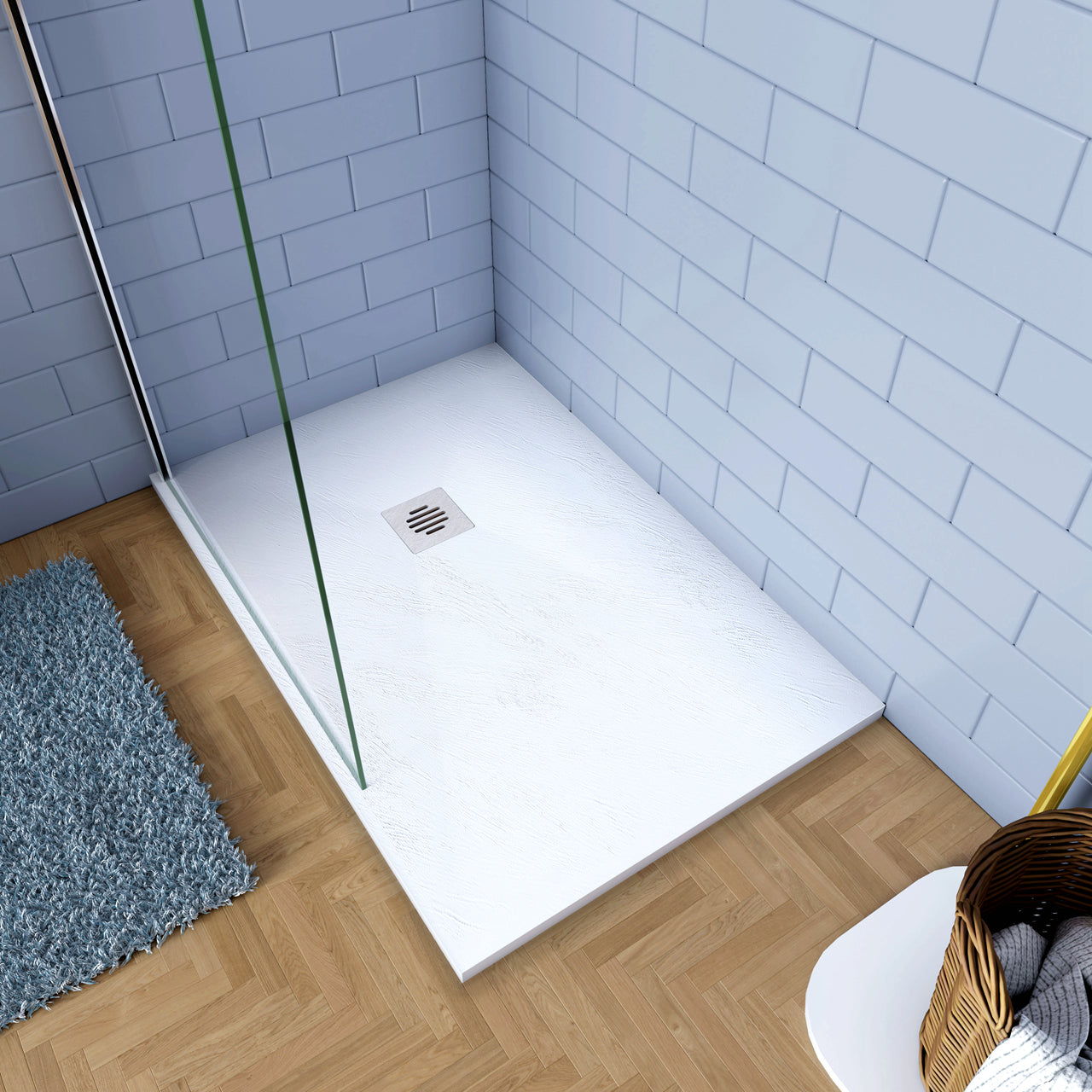 Piatto Doccia Bianco 70x100cm in Pietra Artificiale e Mesina Mista Effetto Ardesia Ruvido Piletta e Tubo inclusi Spessore di 3 cm