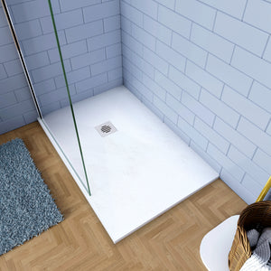 Piatto Doccia Bianco 70x100cm in Pietra Artificiale e Mesina Mista Effetto Ardesia Ruvido Piletta e Tubo inclusi Spessore di 3 cm