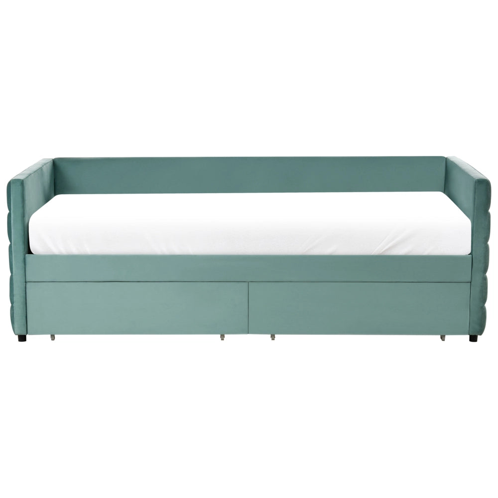 Letto 90 x 200 cm in velluto verde menta elegante e imbottito con cassetti glamour per la camera da letto