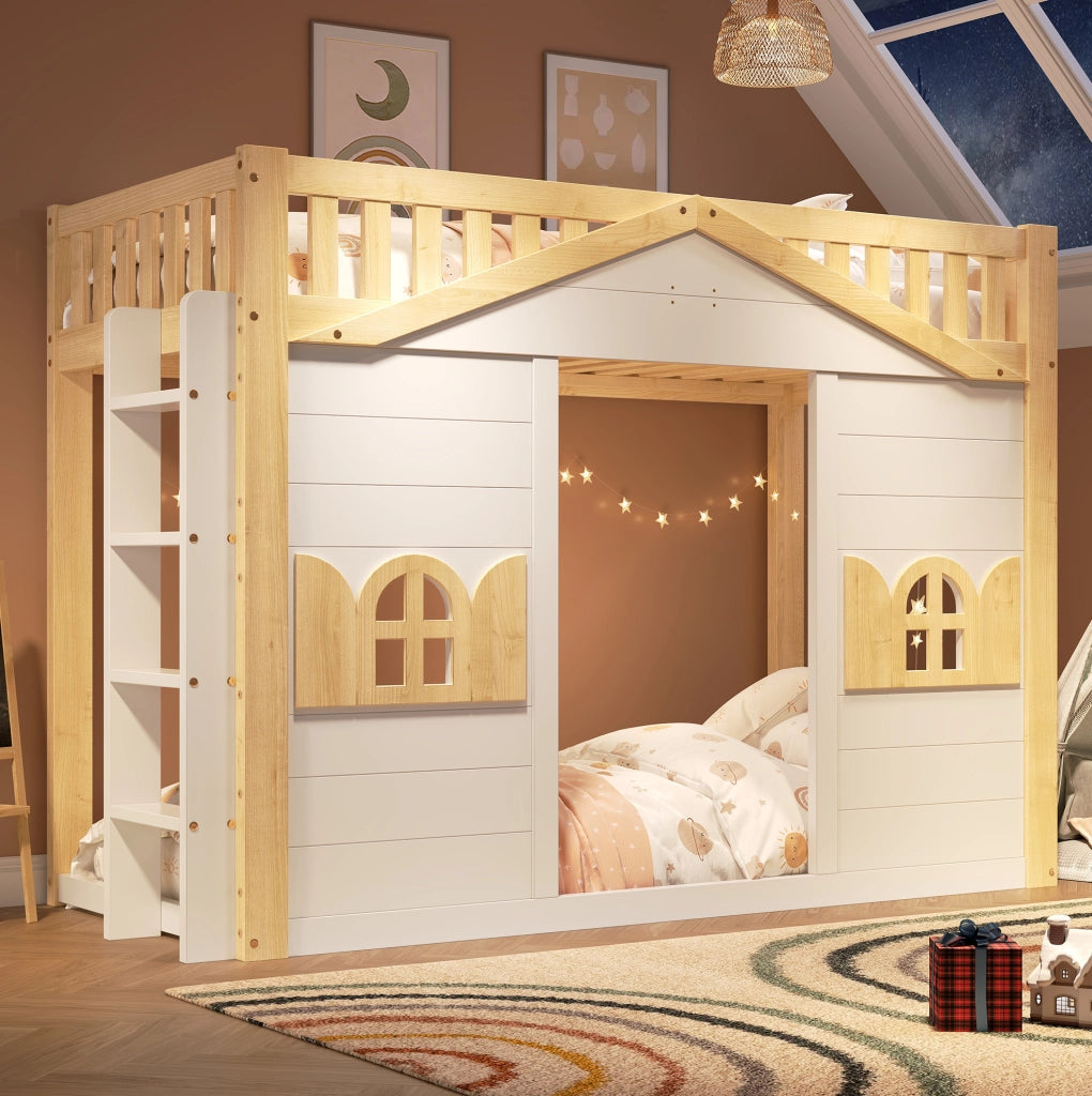 Letto a soppalco 90x200 cm in pino e MDF bianco con scala reversibile