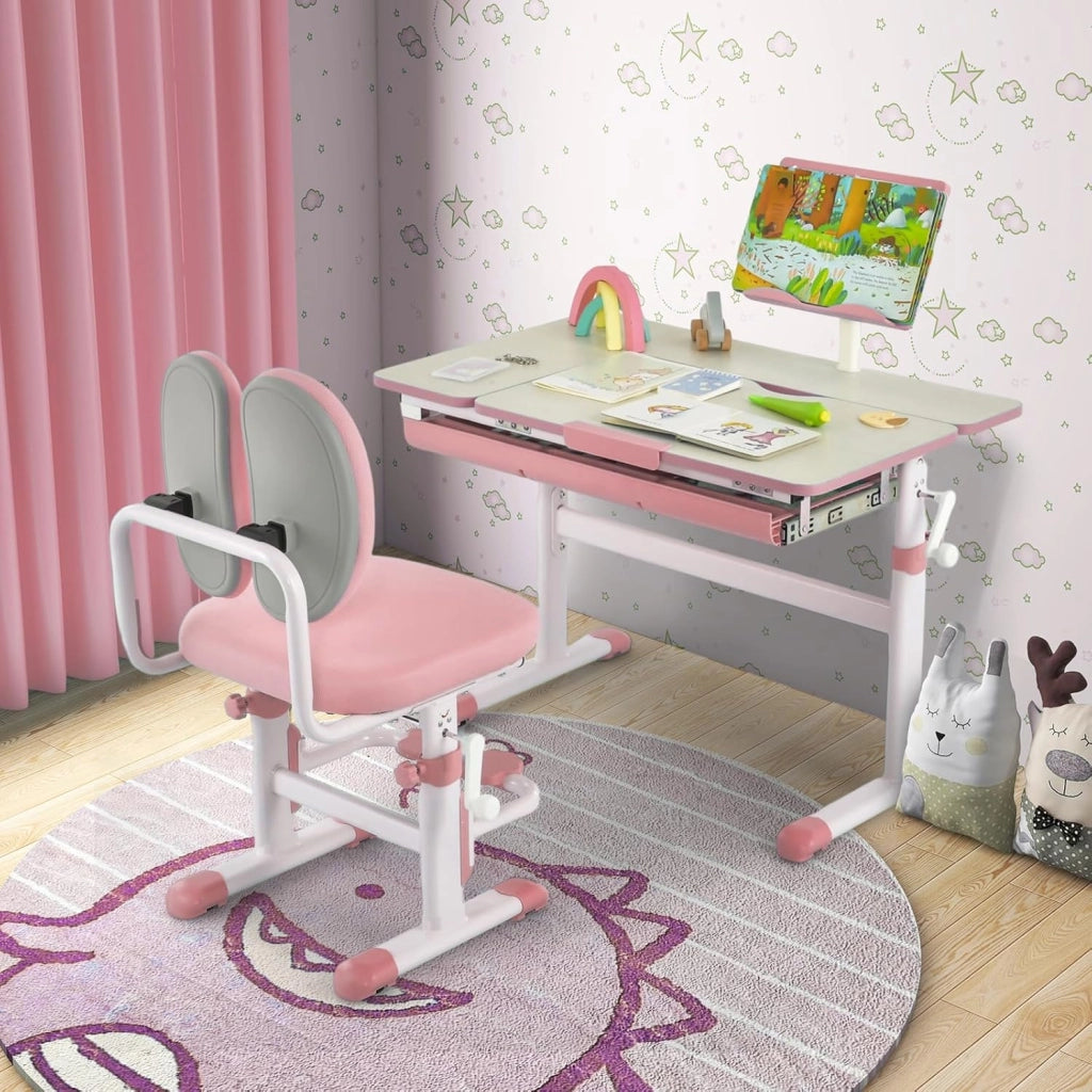 Scrivania per Bambini, Tavolo per Studenti con Regolabile in Altezza, con Piano Ribaltabile, Libreria, Cassetti e Righello di Misurazione, Ergonomica, Ideale per Bambini 3-12 Anni (Pink)