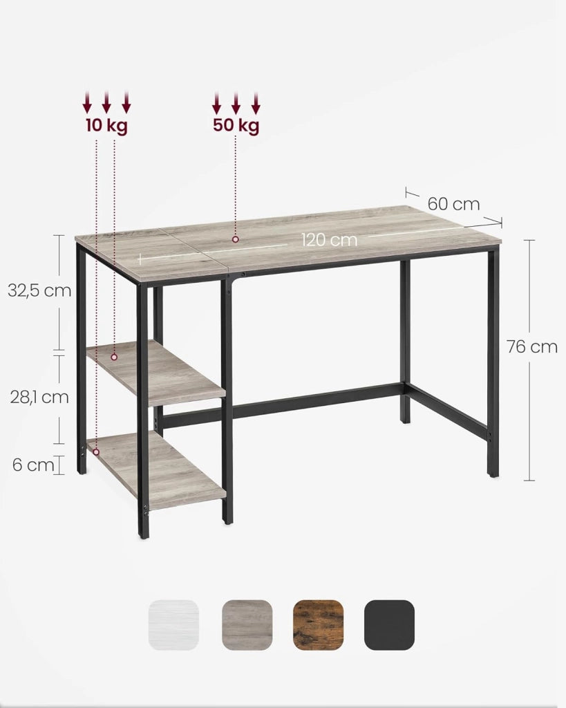Scrivania per Computer, Scrittoio, 120 x 60 x 76 cm, Moderno, Tavolo da Lavoro, per Ufficio Camera da Letto Soggiorno, Greige Melange e Nero Inchiostro LWD47MB