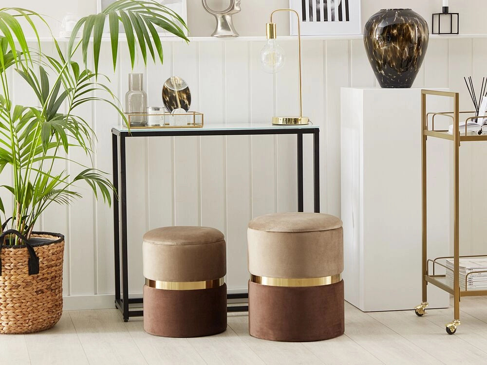 Set di 2 pouf portaoggetti Poggiapiedi con rivestimento in velluto di poliestere marrone chiaro e scuro dal design retrò