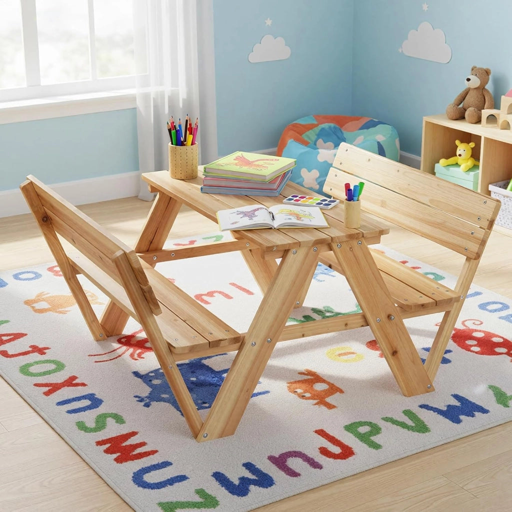 Tavolo da Picnic per Bambini in Legno con 2 Panche Integrate | Set di Tavolo e Sedie per Attività all'Aperto, Mobili per Bambini 3+ Anni per Cortile, Patio e Giardino