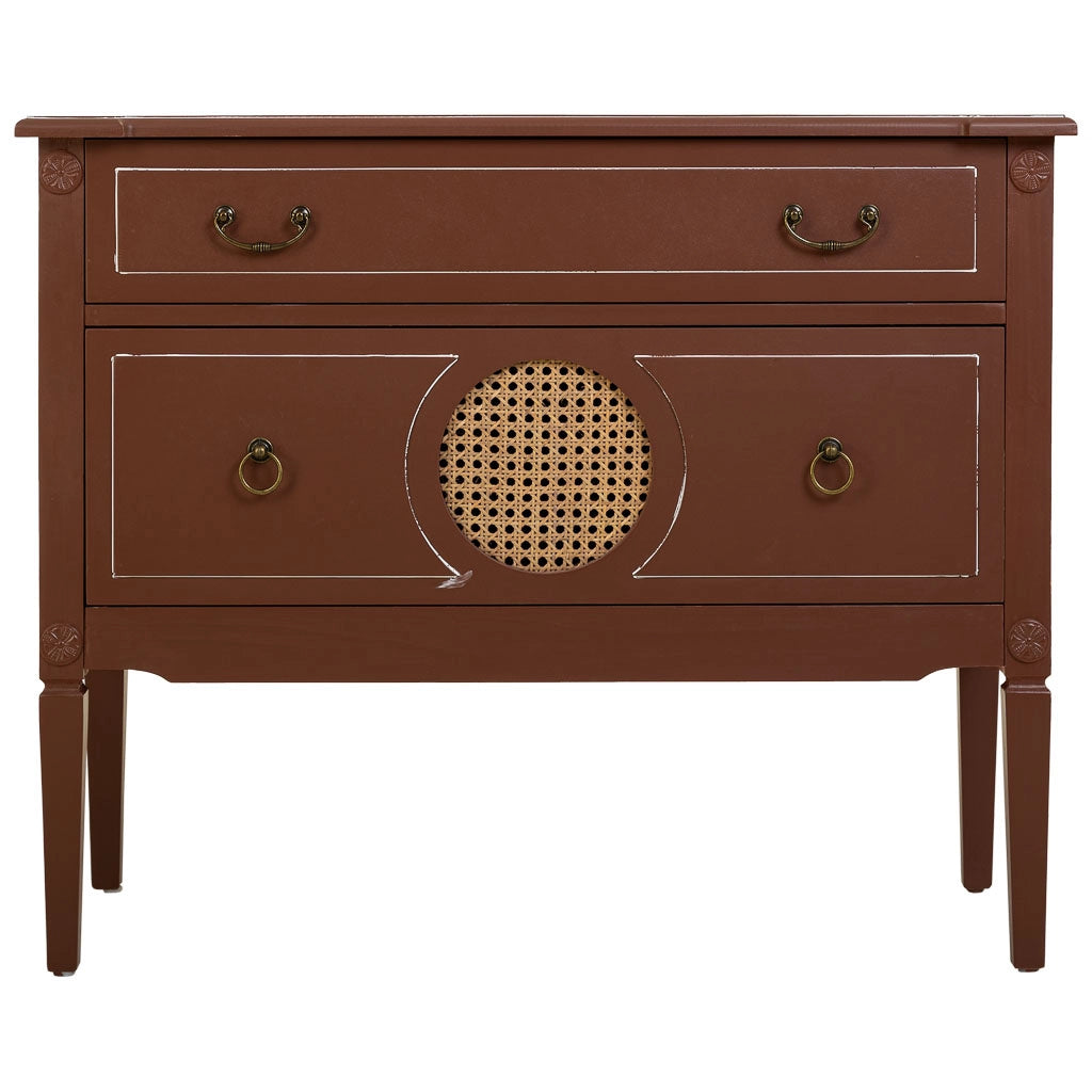 Cassettiera in legno e rattan con due cassetti marroni, 88x38x72h cm