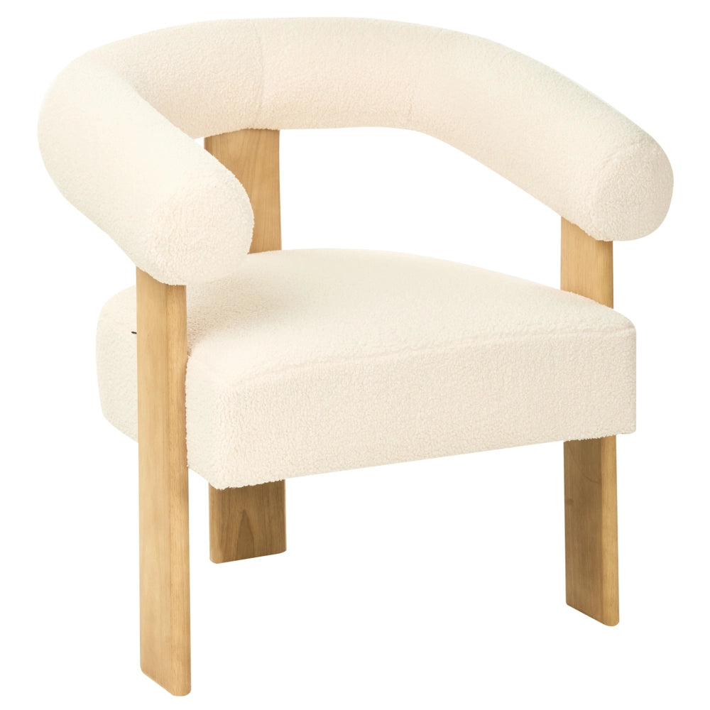 Poltrona bianco sporco e marrone chiaro con rivestimento in bouclé design retrò gambe in legno per soggiorno