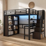 Letto a soppalco 140x200 cm nero con scrivania, scaffali, scale contenitore e LED