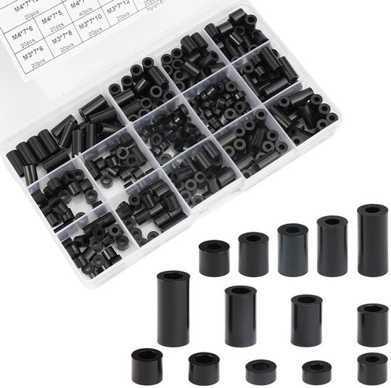 Manicotti di distanziamento nylon - 320 pezzi - Isolanti di distanziamento - Nero - Dischi di plastica - Per viti - Versatili e pratici