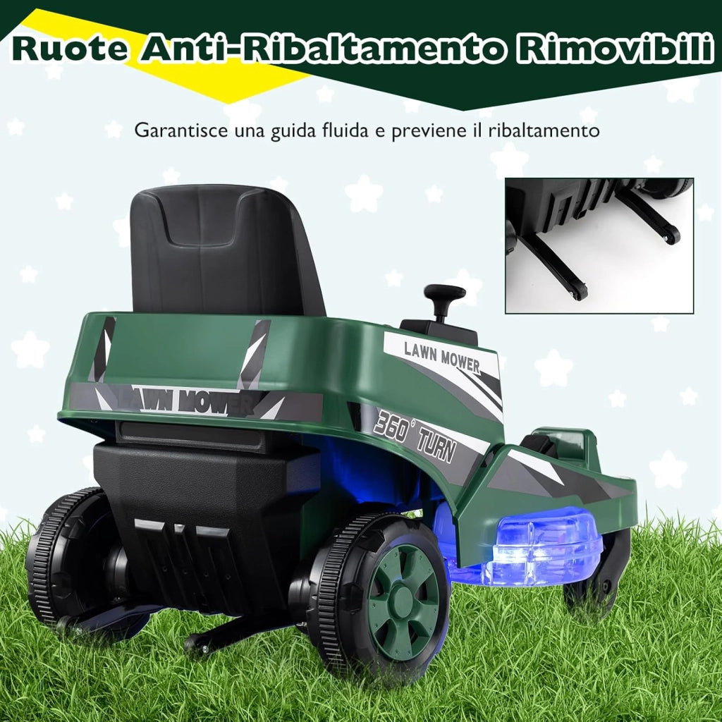 12V Macchina Elettrica per Bambini, Auto Elettrica con 2 Leve di Controllo, Luci LED, Simulazione di Taglio dell'Erba e Sterzate a 360°, Tosaerba Giocattolo per Bambini 3-8 Anni (Verde)