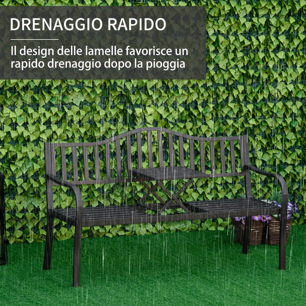 Panchina da Giardino 2-3 Posti 150x58,5x90cm con Tavolino Sollevabile in Metallo Nero