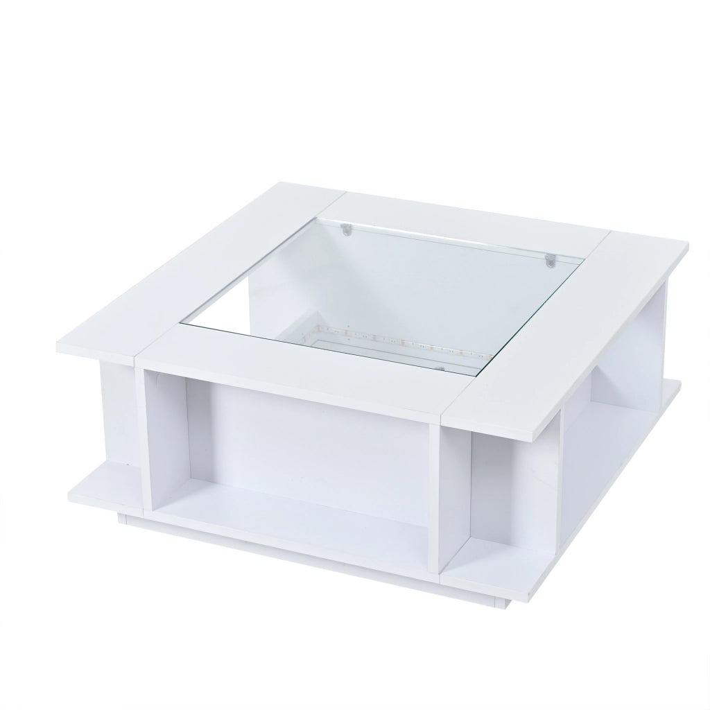 Tavolino da caffè quadrato con piano in vetro; LED; vani aperti e spazio laterale; bianco; 70 × 70 × 30 cm