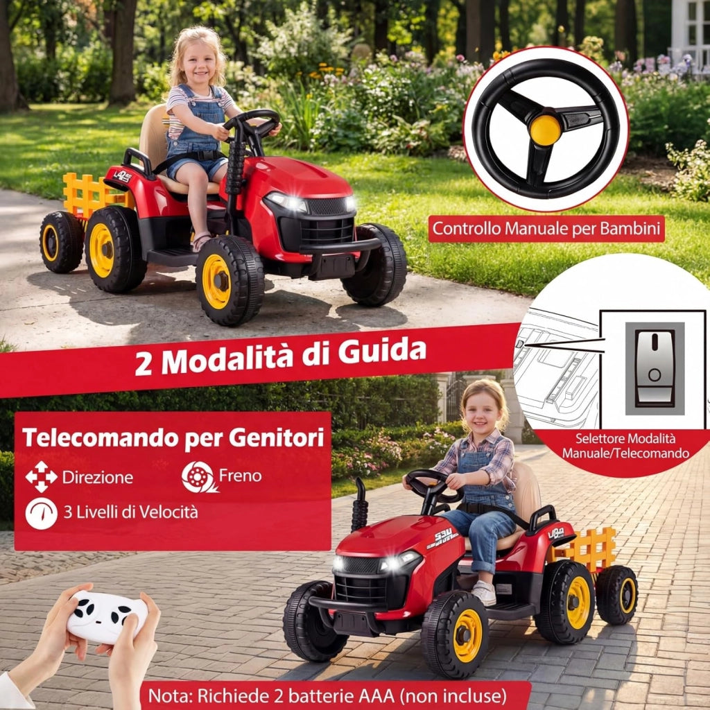 24V Trattore Elettrico per Bambini, Macchina Cavalcabile con Telecomando, Clacson Musica, Connessione Wireless e Fari a LED, per Bambini 3 Anni+ (Rosso)
