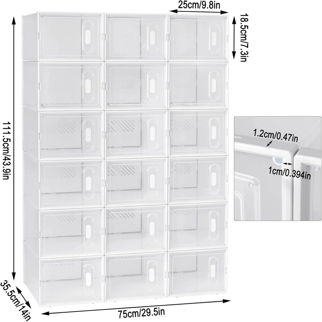 Set di 18 Scatole per Scarpe Contenitore Portascarpe Scarpiera Organizzatore Portaoggetti Impilabile Salvaspazio Coperchio Magnetico Plastica Trasparente Bianco 35x25x19cm