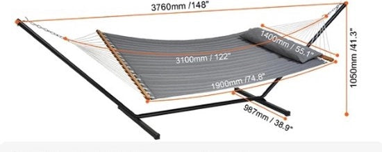 Collo Hangmat per 2 persone con supporto - Doppia hangmat - Con cuscino rimovibile e borsa trasportabile - Peso massimo trasportabile 218 kg - Dimensioni hangmat compreso supporto 376 x 140 x 105 cm - Grigio
