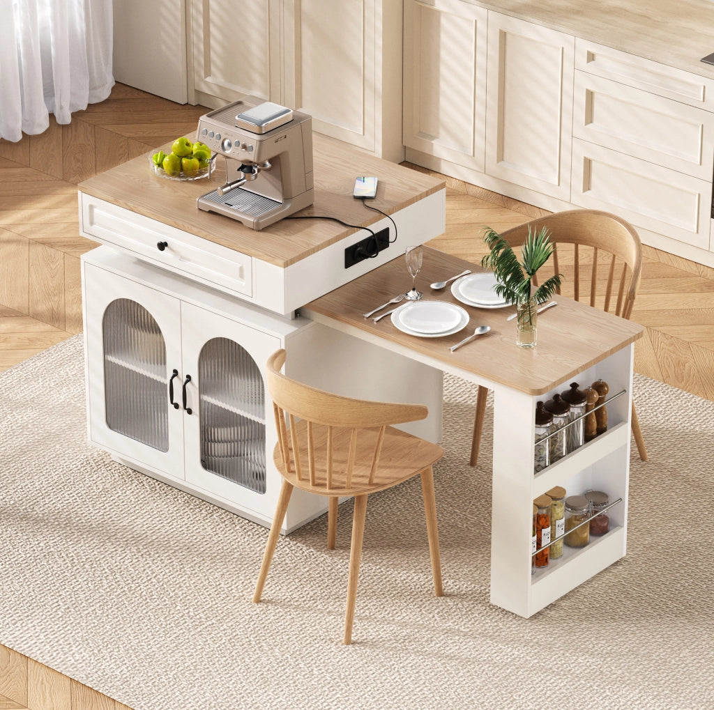 Tavolo consolle allungabile bianco con LED, prese USB/Type-C e vani contenitore per cucina e sala