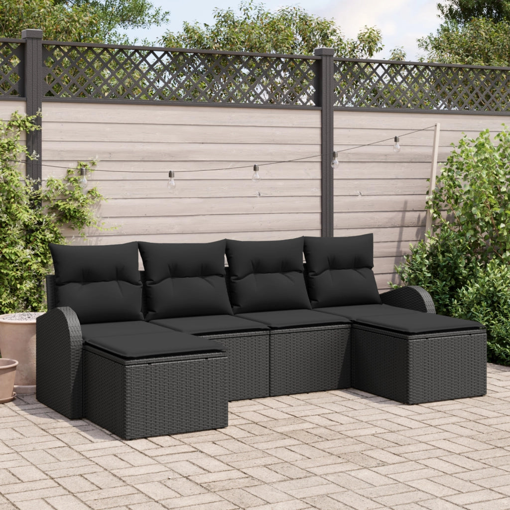 Set di divani da giardino a 6 pezzi con cuscini in polyrattan nero