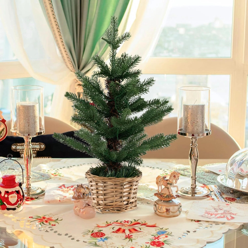 Mini Albero di Natale Artificiale Pre-illuminato, Albero di Natale Piccolo da Tavolo con 96 Rametti, 20 Luci LED Bianche Calde, Timer, Vaso in Legno di Salice