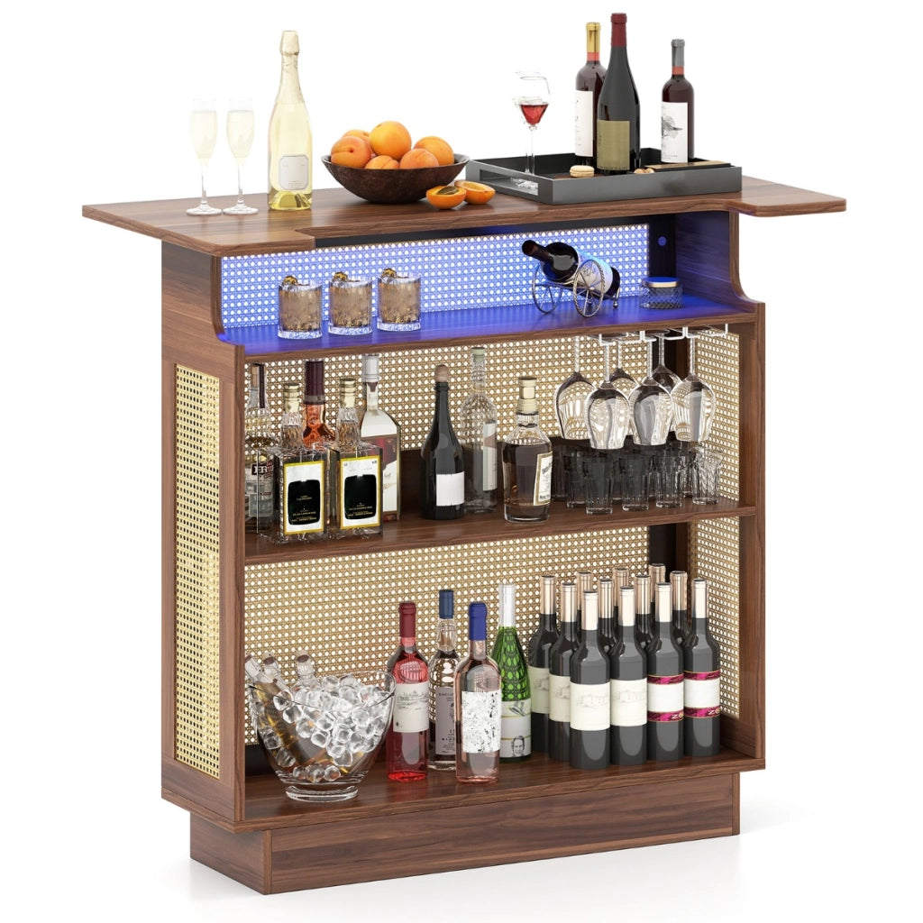 Tavolo bar 4 ripiani industriale luce led rgb controllo app, Tavolo bar 4 ripiani rattan 3 portabicchieri 3 ripiani Marrone-Portabottiglie