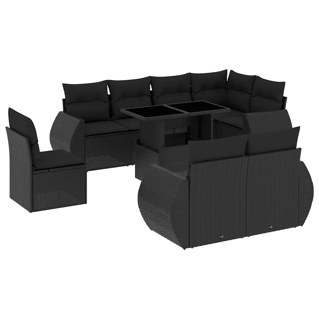 Set Divani da Giardino 9 pz con Cuscini Nero in Polyrattan