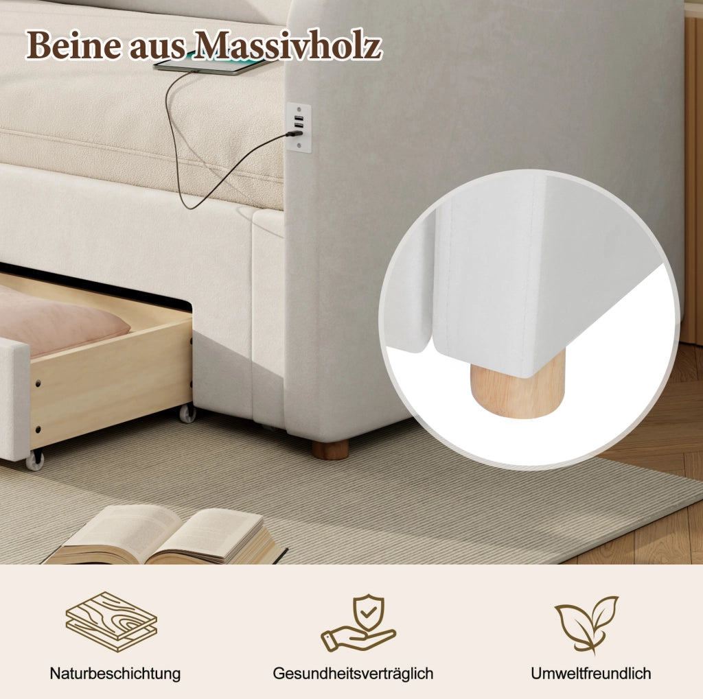Letto singolo estraibile 90x200 cm in velluto beige con USB