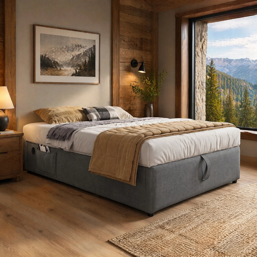 Letto Contenitore Letto Singolo 90 x 200 cm con USB; USB-C e Tasca Laterale; senza Materasso; Grigio